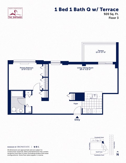 Floor plan for 1 bed, 1 bath, 920 sqft